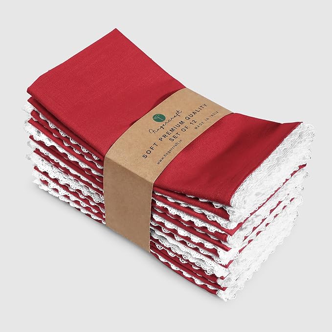 FINGERCRAFT Dinner Cloth Napkin Cotton Blend 4 Pack Vintage Rustic Premium Quality Mitered Corners Napkin Cloth with Elegant Lace for Everyday Use, Pre Shrunk and Good Absorbency 20x20 in Tango Red