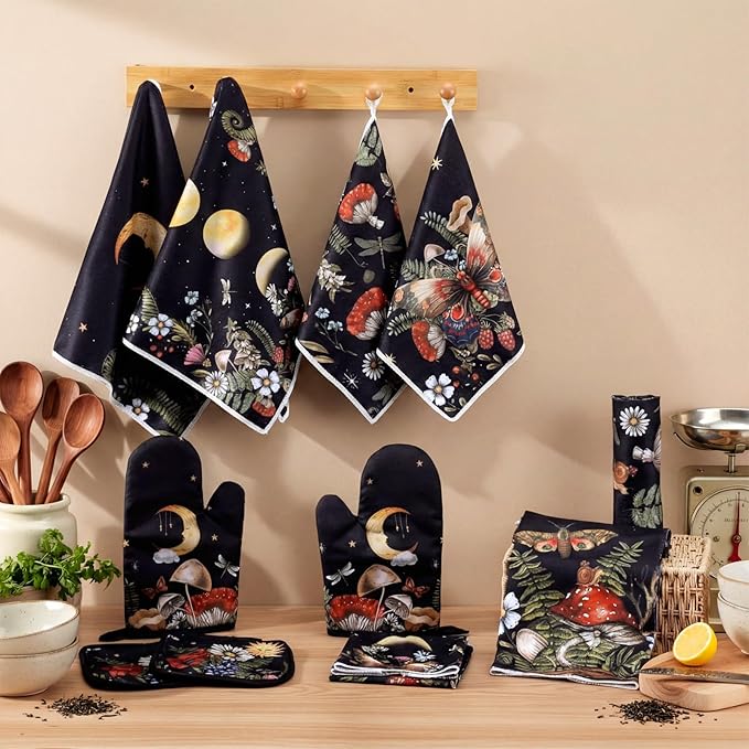 12 Pcs Black Witchy Kitchen Decor Set 4 Mushroom Kitchentowels 4 Absorbent Dishcloths 2 Sun Moon Star Oven Mitts Gloves 2 Butterfly Rustic Pot Holders Sets for Home Decorations Mom Gifts