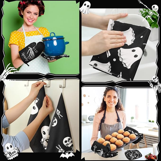 Leinuosen 8 Pcs Skull Kitchen Decor Set Kitchen Towels Gothic Oven Mitts and Pot Holders Skeleton Hand Dish Towels Horror Oven Mitts for Home Decoration Party Gifts (Vintage Color,Ghost)