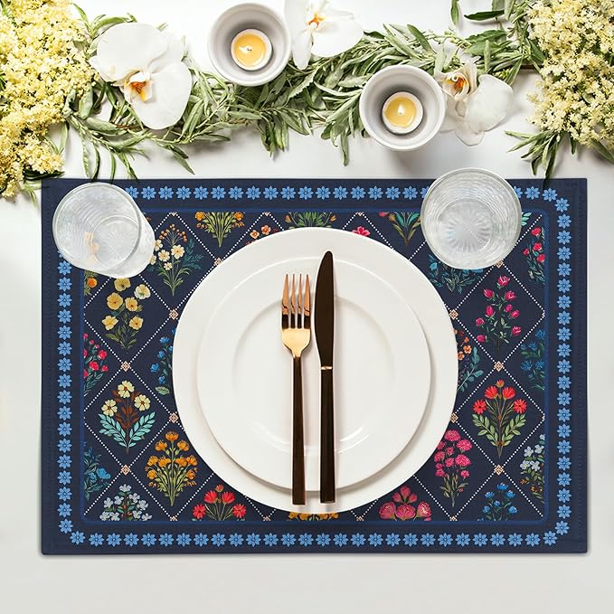 Dark Blue Flowers Placemat Set of 4 Wildflower Printed Place Mats for Women