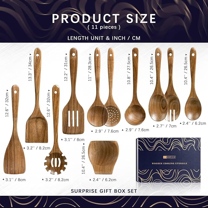 Wooden Spoons for Cooking, Nonstick Cooking Utensil Set with 10 Piece Acacia Wooden Spatulas and Spoons, as well as a Extra Whole Wood Spoon Rest, Terrific for Everyday Kitchen Tasks