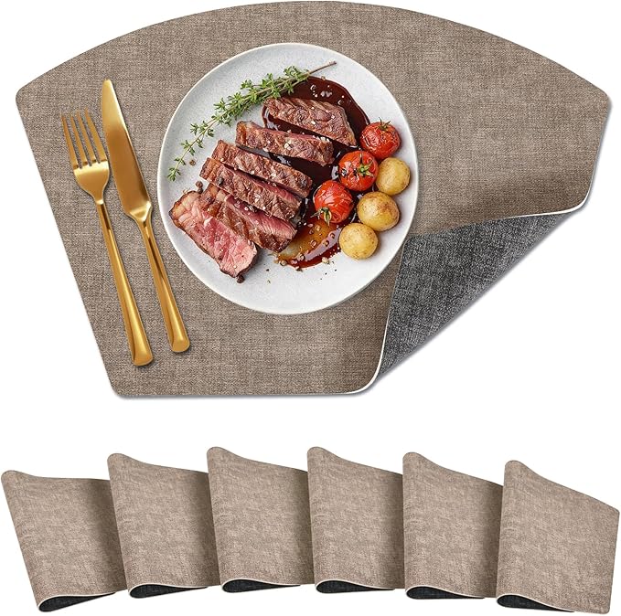 Round Table Placemats Set of 6, Dual-Sided Wedge Shape Faux Leather Table Mats, Washable Wipeable Heat Resistant Place Mats for Outdoor Indoor, Camel Gray