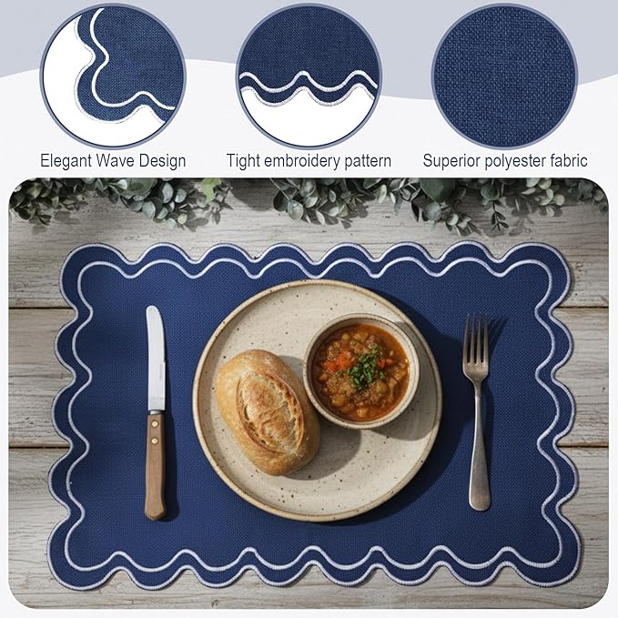 Set of 4 Cotton Linen Placemats, 13x19 Inch Scalloped Wavy Embroidery Placemat Double Layered Washable Rustic Rectangle Dinner Table Mats for Kitchen Wedding Home Party Decor(Navy Blue)