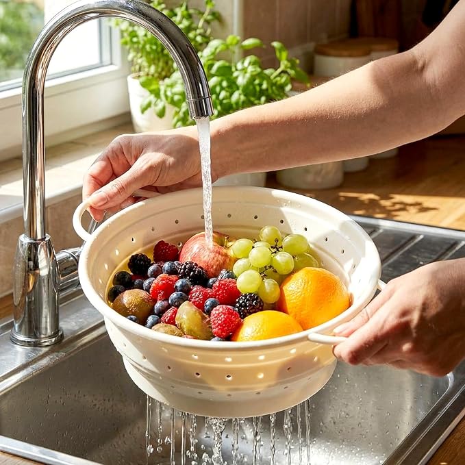3 Pack Collapsible Colander with Strainer Bowl Set, 11 & 13 In BPA-Free Silicone Colanders for Kitchen, Heat-Resistant Strainer Dishwasher Safe Baskets for Vegetable Fruits(White)
