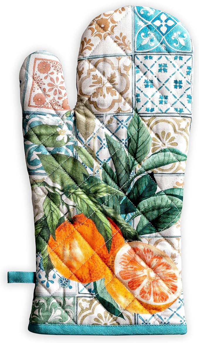 Maison d'Hermine Oven Gloves 100% Cotton Oven Mitt 7" x 13" with Loop Heat Resistant BBQ Cooking Gloves Baking Grilling Gifts for Mothers Day Spring/Summer (Pack of 1, Agrume)