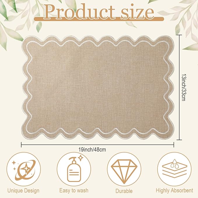 HunnmingRe Set of 6 Cotton Linen Placemats, 13x19 Inch Scalloped Wavy Embroidery Placemat Double Layered Washable Rustic Rectangle Dinner Table Mats for Wedding Home Decor(Linen with Beige)