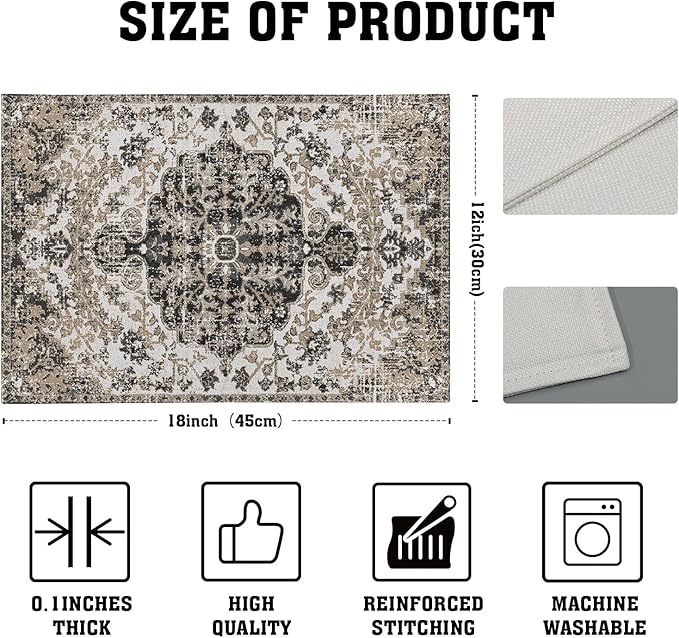 Ethnic Boho Placemats Set of 4 Bohemian Carpet Vintage Gray Floral Linen Washable Kitchen Dining Southwestern Table Mats Stain Heat-Resistant Desktop Decor Place Mats for Home Party Indoor 12x18 in