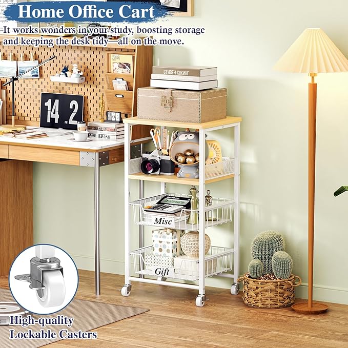 OKZEST 4 Tier Rolling Cart with Drawer Baskets, Metal Utility Storage Cart with Wheels and Wood Top for Living Room, Kitchen, Home Office, Bedroom, Pantry, Baby Essential, Craft, Snack, Makeup, White