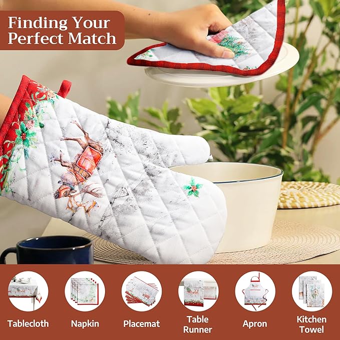 Maison d' Hermine 100% Cotton Oven Mitt & Pot Holder Set (7.5"x13" & 8"x8") Heat Resistant BBQ Cooking Gloves with Loop for Thanksgiving Christmas Decorations Handling Hot Pans (Christmas Tradition)