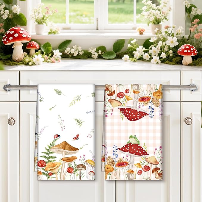 Spring Summer Mushroom Tea Towels, Cotton Kitchen Towel 18.9 × 27.5 inch, Quick Drying Dish Cloth for Party Anniversary Holiday Decoration, Housewarming Gifts for Mom