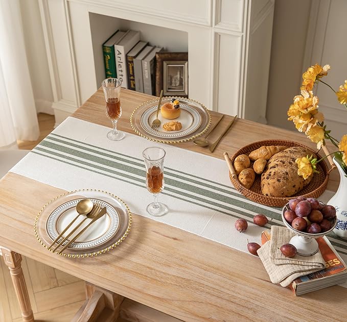 Caflife Boho Table Runner for Modern Farmhouse Decor, Dining Table décor 13 x 72 Inch Long with Handcrafted Tassels, Green and Beige Stripe Table Runner for Home Boho décor