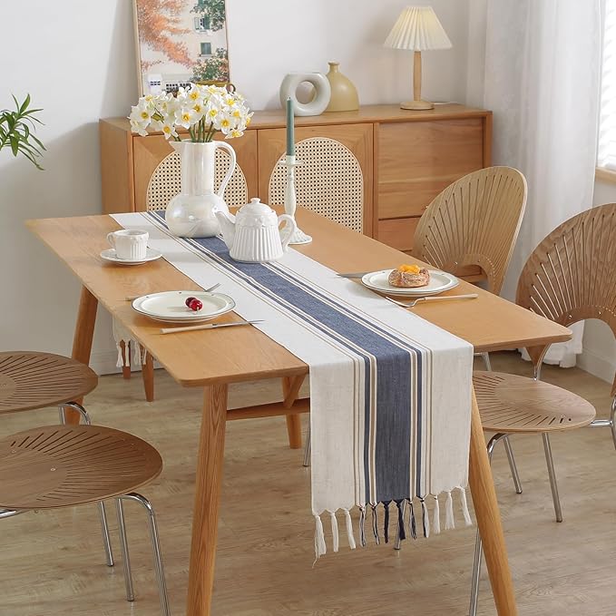 Niviy Blue Table Runner 108 Inches Long with Tassels, Seasonal Summer Washable Embroidered Striped Braided Blue and White Boho Table Runners for Holiday Party 12 x 108 Inches