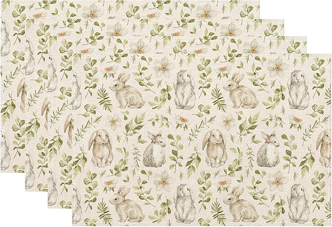 Spring Place mats Set of 4,12x18 Inches Green Rabbit Floral Leaves Placemats Rectangle Easter Decor Bunny Flower Table Mats for Party Home Kitchen Dining Table Decoration