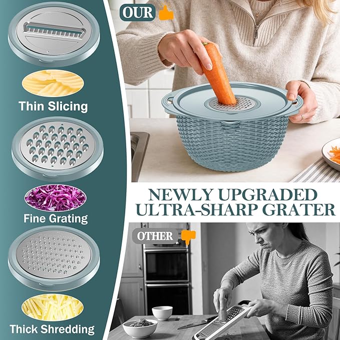 4-1 Colander with Bowl Set - Strainers for Kitchen(Patented), Food Strainers and Colanders, Pasta Strainer with New Upgraded Graters for Fruit, Veggie Washing, Aesthetic Cooking Present - Blue