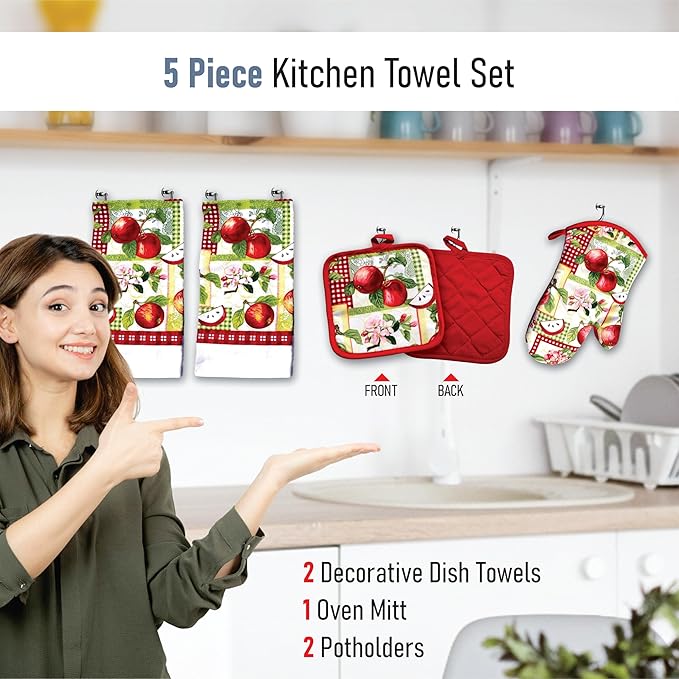 Lobyn Value Packs - Red Apples on a Patchwork Quilt, 5 Piece Kitchen Towel Set with 2 Decorative Dish Towels (25 X 15), 1 Oven Mitt (11 X 7) and 2 Potholders (6.5 X 6.5)