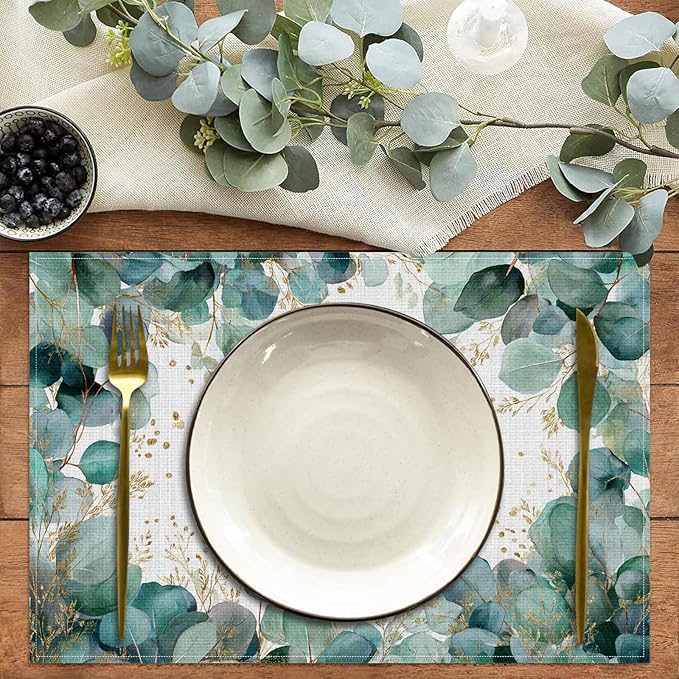 Eucalyptus Leaves Green Gold Placemats Set of 6,12 x 18 Inch Table Mats Washable Heat Resistant Linen Fabric Rectangle Place Mat for Party Home Kitchen Dining