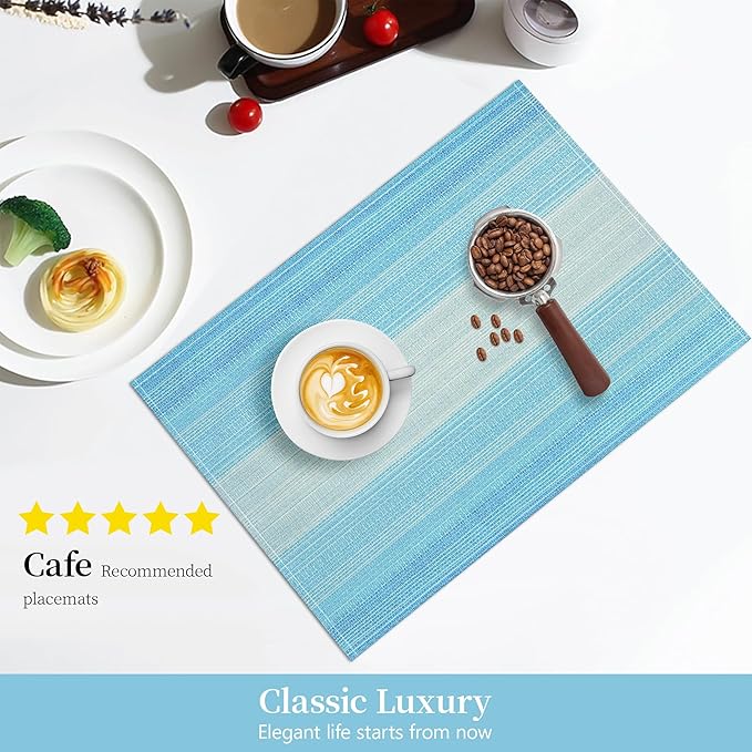 Bloss Blue Placemats Set of 4, Linen Woven Place Mats for Kitchen Table Indoor/Outdoor, 12" x 18" Washable Gradient Blue Placemat Dining Table Mats