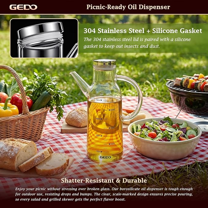 GEDO Borosilicate Glass Oil Dispenser, Eagle Beak Drip-Free Spout with Airtight Stainless Steel Lid, Measurement Markings & Ergonomic Handle, Multi-Purpose for Kitchen & Outdoor Picnic (0.58QT/550ml)