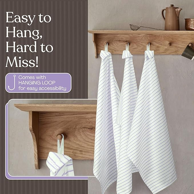 Lavender Stripe Kitchen Towels, 12 Pack, 100% Cotton, Super Absorbent and Quick Dry, Classic Striped Towel Set, Durable Dish Cloths for Kitchen Use, Cleaning & Drying Dishes