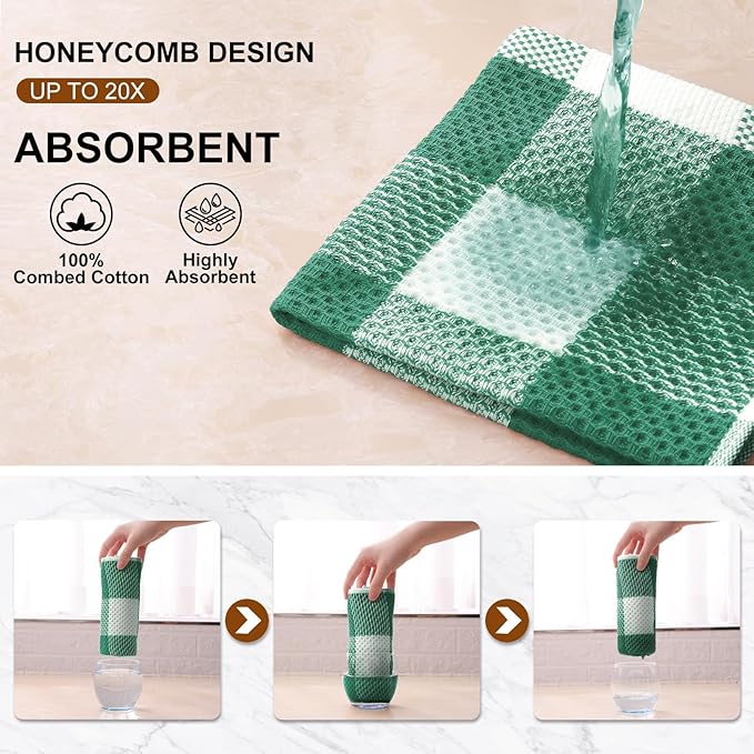 Mordimy 100% Cotton Waffle Weave Kitchen Towels, 13 x 28 Inches, Super Soft and Absorbent Buffalo Check Dish Towels for Drying Dishes, 4-Pack, White & Dark Green