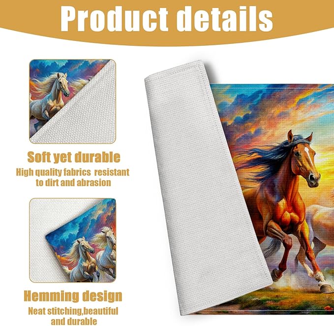 Watercolor Horse Running Placemats Set of 6, Linen Place Mat Washable Stain Resistant Table Mats for Farmhouse Kitchen Dining Holiday Party Wedding Decor 12x18 Inch