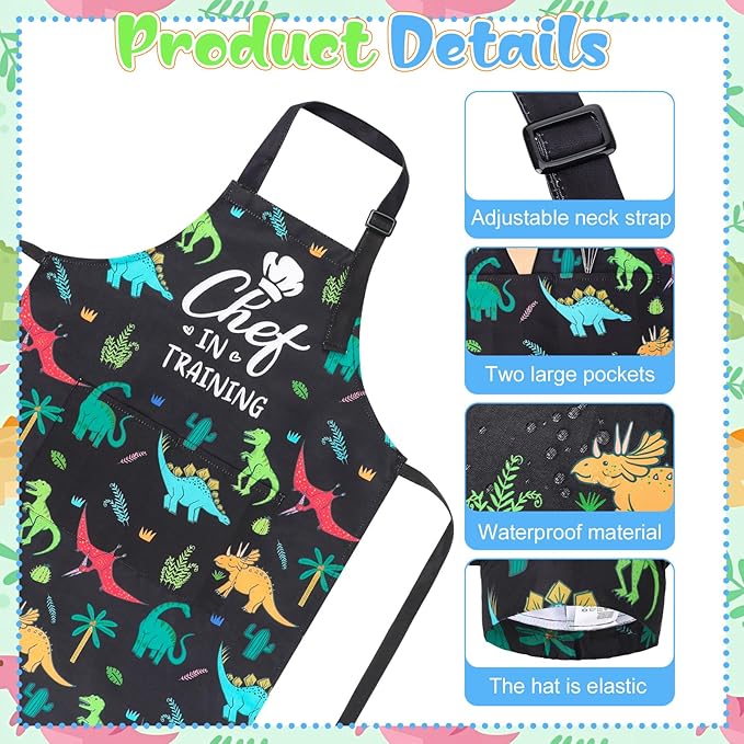 Kids Apron and Chef Hat Set, Funny Apron with 2 Pockets, Adjustable Kids Aprons for Cooking for Boys and Girls