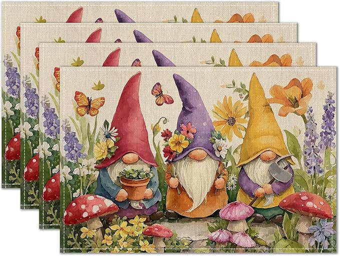 HOMETITUTE Gnome Artwork Linen Placemats Set of 4 12x18 inch Spring Table Mats for Dining Table Farmhouse Decorations Kitchen Decor Desk Mat for Outdoor Home Party Kitchen Seasonal Dining Decor