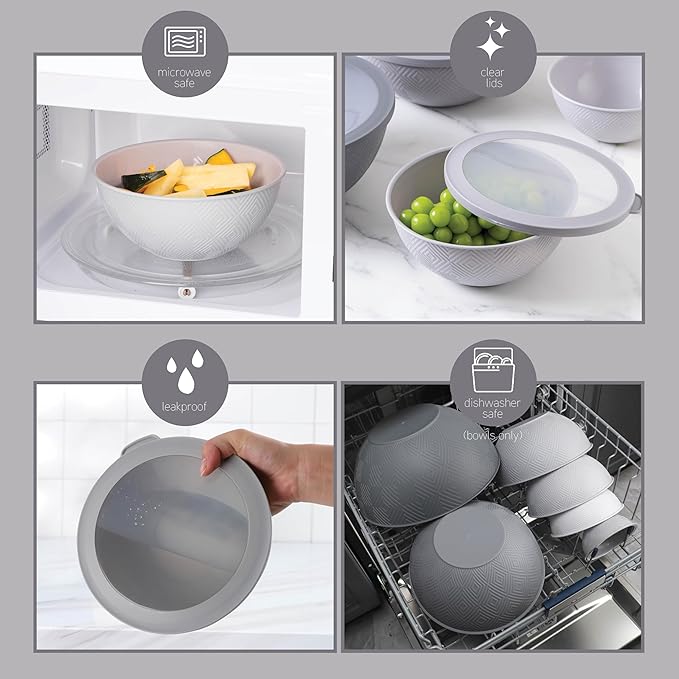 COOK WITH COLOR Mixing Bowls with Lids - 12 Piece Plastic Nesting Bowls Set includes 6 Prep Bowls and 6 Lids, Microwave Safe Mixing Bowl Set, Grey Rhombus