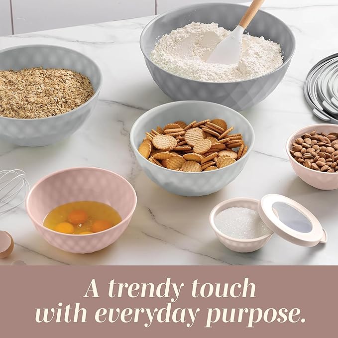 COOK WITH COLOR Mixing Bowls with Lids - 12 Piece Plastic Nesting Bowls Set includes 6 Prep Bowls and 6 Lids, Microwave Safe Mixing Bowl Set, Grey/Pink Diamond