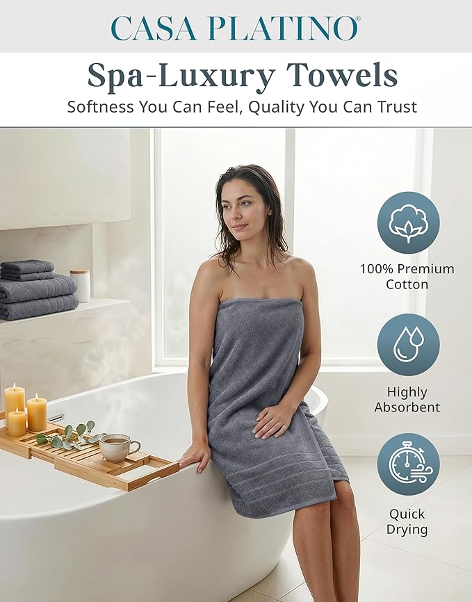 Casa Platino 100% Cotton Towels Set for Bathroom - 12 Pc Family Pack - Super Soft & Quick Dry - 4 Bath, 4 Washcloth, 4 Hand Towels - Oeko TEX Certified, Machine Washable & Durable - Cool Grey