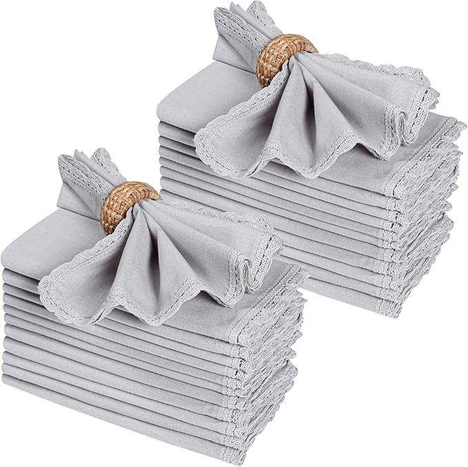 Ramanta Home Linen Flax Cloth Napkins Set of 24 Grey, 18x18 Inch | Easter Premium Cotton Linen Flax Lace Soft & Durable | Washable Ideal for Spring Basket Décor, Wedding, Party, Kitchen, Everyday Use