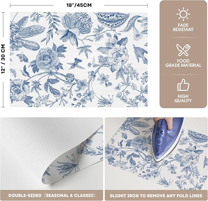 Artoid Mode Blue Floral Brids Spring Vinyl Placemats Set of 4, Washable Heat Resistant Non-Slip Woven Plastic PVC Place Mats for Farmhouse Holiday Party Dining Table Decor