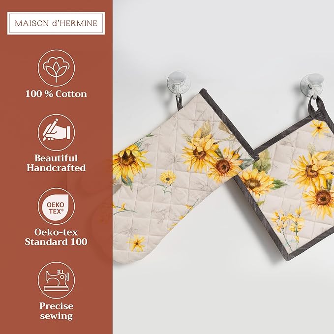 Maison d' Hermine 100% Cotton Oven Mitt & Pot Holder Set (7.5"x13" & 8"x8") Heat Resistant BBQ Cooking Gloves with Loop Baking Grilling Kitchen Gifts for Mothers Day Spring/Summer (Candice)