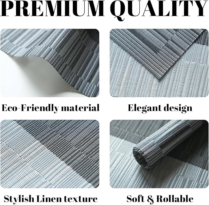 Placemats Set of 8 Vinyl/Plastic Woven Place Mats for Kitchen Table Indoor/Outdoor Washable Placemat Wipeable Dining Table Mats (Ombre Silver Grey Black,8)