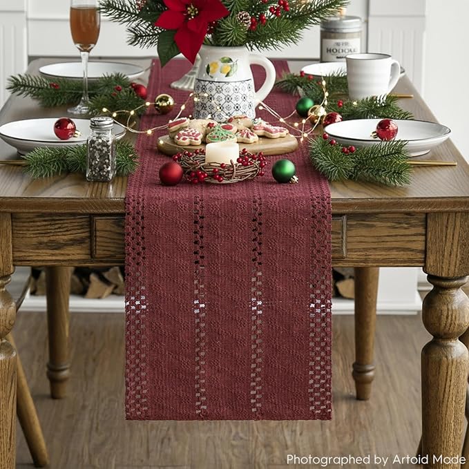 Artoid Mode Red Farmhouse Woven Rustic Hollow Table Runner, Seasonal Holiday Hollow Kitchen Dining Table Decoration for Home Party Decor 12x120 Inch