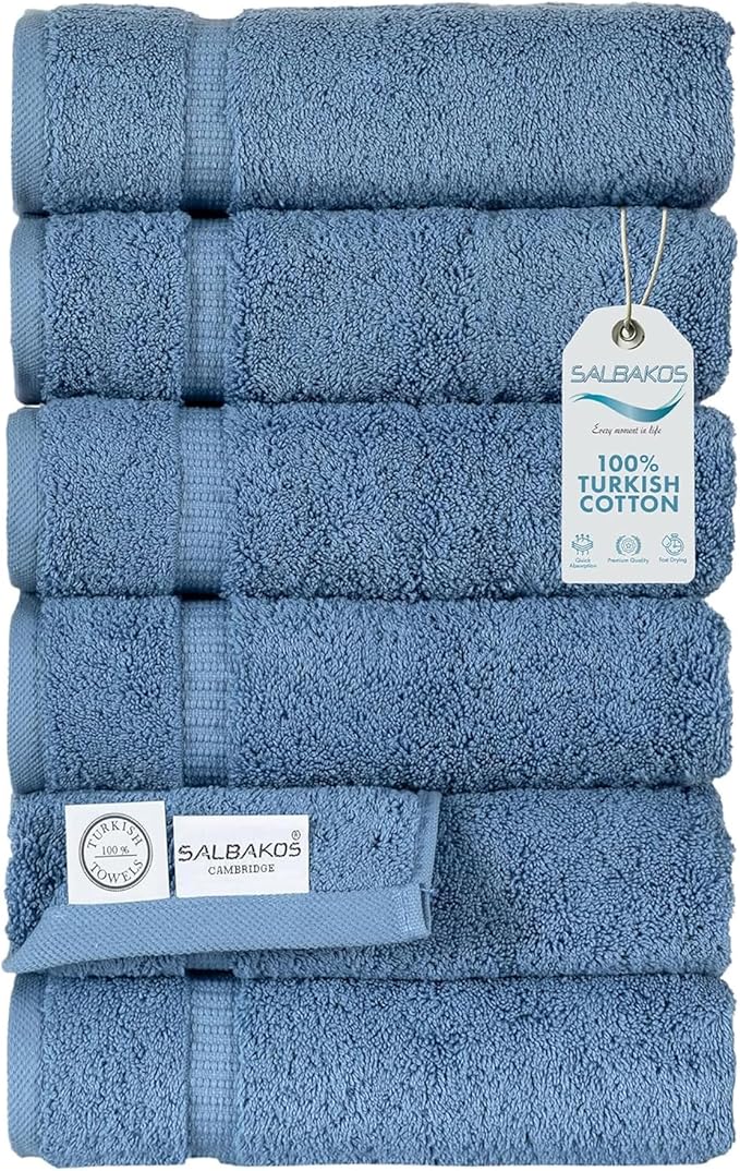SALBAKOS 100% Turkish Cotton Hand Towels Set 6-Piece Blue 16x30 in | Luxury Premium Quality Thick Super Absorbent Turkish Hand Towel for Bathroom & Kitchen | Made in Turkey (Blue, 6 Hand Towels)