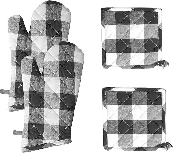 Native Fab Buffalo Plaid Check Oven Mitts and Pot Holders Set of 4, 100% Cotton Heat Resistant Kitchen Gloves, 2 Oven Mitts (7x13), 2 Pot Holders (8x8) for Cooking & Baking, Steel Grey White