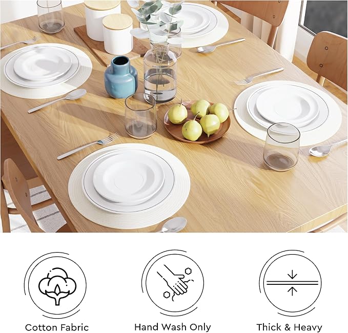 Encasa XO Dining Placemats Set of 4 | Cotton Round Table Mat - 13 in Diameter | Off White | Handmade Rib Style Chargers for Dinner Plates
