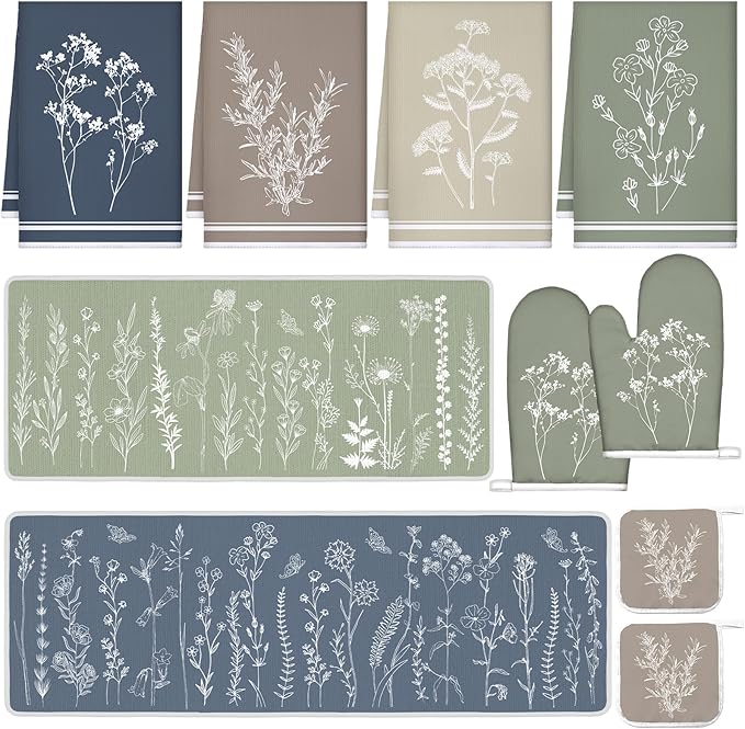 VitalCozy Set of 10 Kitchen Dish Towels Kitchen Mats Oven Mitts and Pot Holders Kit Absorbent Tea Hand Towels Rustic Decorative Towel for Baking Cooking BBQ (Morandi)