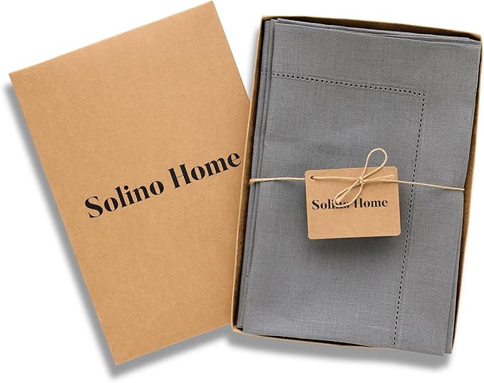 Solino Home Linen Cloth Napkins Set of 4-100% Pure Linen Steel Grey Dinner Napkins 20 x 20 Inch for Spring, Summer, Mothers Day - Classic Hemstitch, Handcrafted and Machine Washable