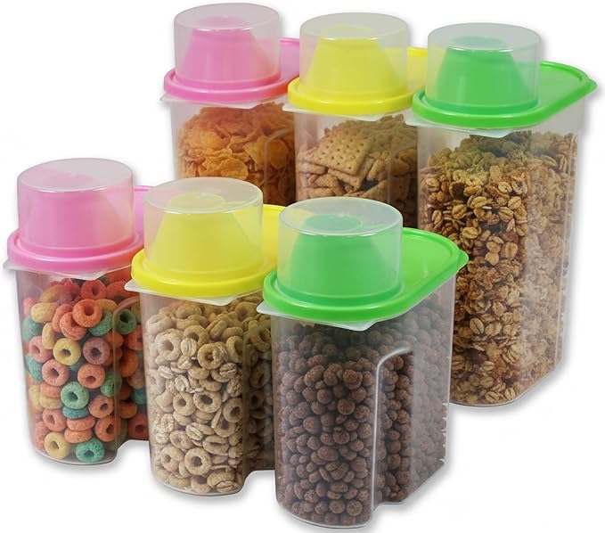 Basicwise Set of 3 Large 2.5-Liter and 3 Small 1.9-Liter Airtight Food Storage Containers Easy-Pour Spouts & Measuring Cup Lids for Flour Sugar Cereal Snacks & Pantry Staples in Green Pink & Yellow