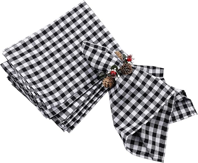 Black and White Checkered Napkins Set of 6, 18 x 18 Inches Buffalo Plaid Cloth Napkins, Halloween Washable Reusable Gingham Cloth Table Dinner Napkins for Wedding, Parties, Dinner Celebration