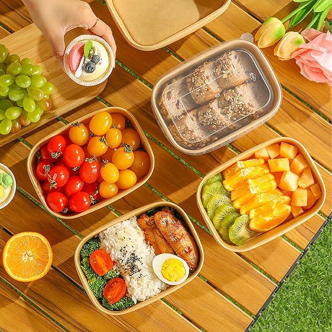 50-Pack 29oz Disposable Kraft Paper Bowls【with Lids and Forks】,Meal Prep Containers Disposable To go Food Containers for Restaurant Supplies Take Out Containers, Microwave Safe for Hot/Cold Food