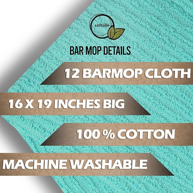 Softolle Bar Mop Towels, Pack of 12-16x19 Inches - 100% Cotton Super Absorbent Towels, Multi-Purpose for Home and Bar Cleaning (Aqua)