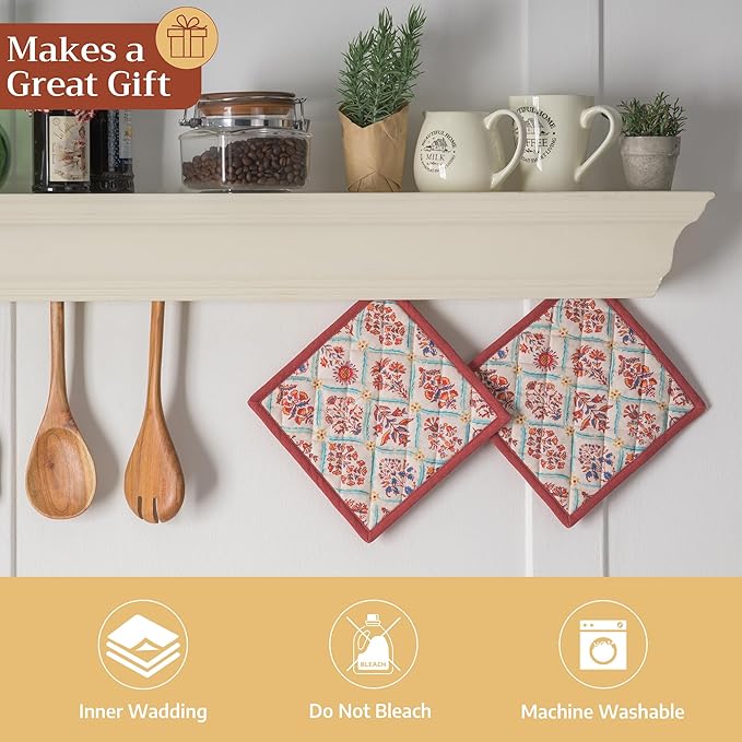 Maison d' Hermine Pot Holders 100% Cotton Heat Resistant Potholders 8" x 8" Hot Pads with Loop for Thanksgiving Christmas Decorations BBQ Cooking Baking Handling Hot Pans (Pack of 1, Romane)
