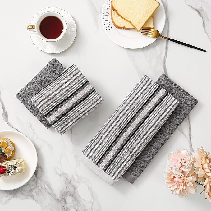Kitchen Dish Towels for Drying Dishes, Large Cotton Kitchen Towels, Stripped Terry Dish Cloths, Thick Highly Absorbent Towel Sets with Hanging Loop, 16" X 26", 6 Packs, Grey and Solid Color