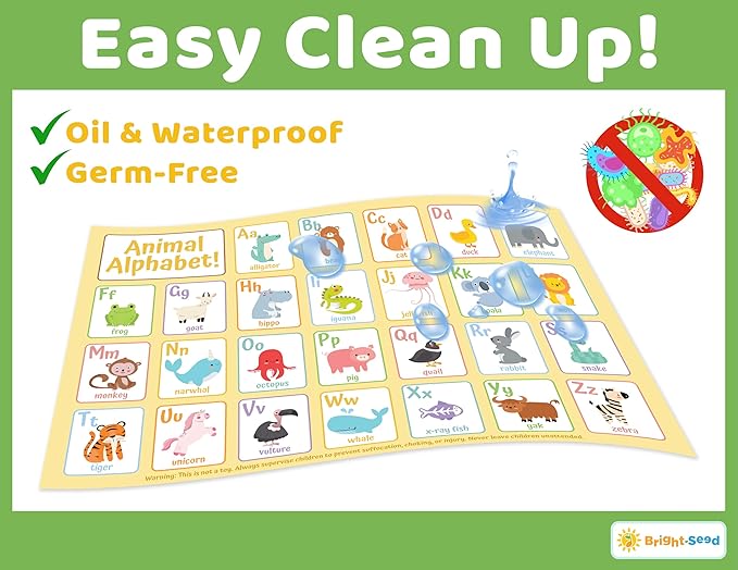 Bright Seed Disposable Placemats for Baby, Toddlers and Kids, Animals ABC & Numbers, 40 Disposable Baby mats for Restaurant, Dining Table & Travel, Learning Placemats for Kids, Toddler Travel