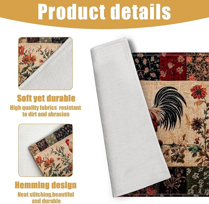 Rustic Rooster Placemats Set of 6, Flower Floral Linen Place Mat Washable Stain Resistant Table Mats for Farmhouse Kitchen Dining Holiday Party Wedding Decor 12x18 Inch