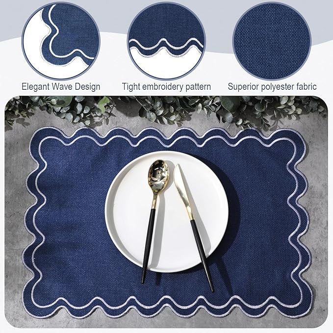 HunnmingRe Set of 6 Cotton Linen Placemats, 13x19 Inch Scalloped Wavy Embroidery Placemat Double Layered Washable Rustic Rectangle Dinner Table Mats for Wedding Home Decor(Navy Blue with White)