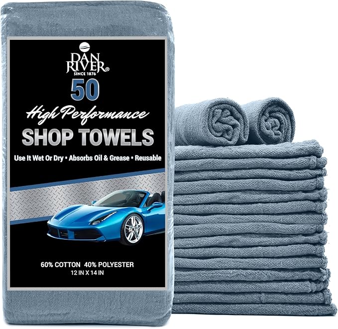 DAN RIVER Shop Towels, 50 Pack Commercial Use Medium Blue Terry Cloth Rags for Cleaning Cars & Household Surfaces – Well Absorbent, Reusable Cleaning Rags & Wash Clothes – Washable Towels